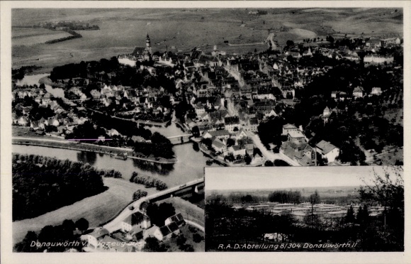 Postcard Donauwörth in Swabia, aerial photograph, Reich Labor Service Department 8/304
