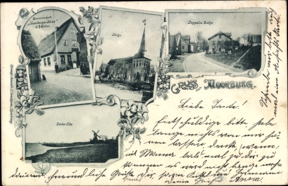 Postcard Hamburg Harburg Moorburg, Church, Double Row, Süderelbe, Restaurant Moorburger Börse
