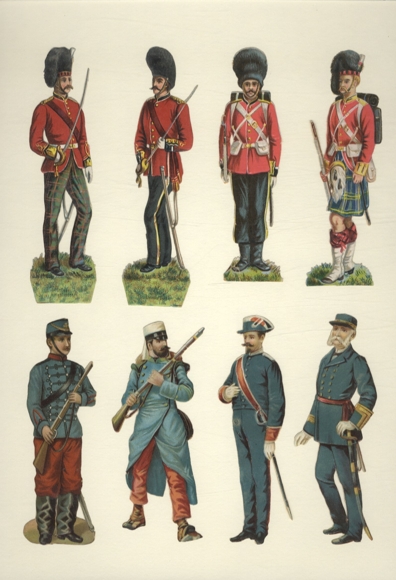 8 wafer soldiers in different uniforms, size approx. 11.5 x 4 cm each