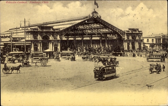 Postcard Santiago de Chile, Estación Central, Chile, trams, crowd,