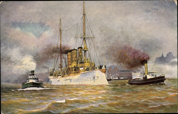 Artist Postcard Rave, Chr., Marine Gallery 72, German warship SMS Leipzig, armored cruiser, 1907
