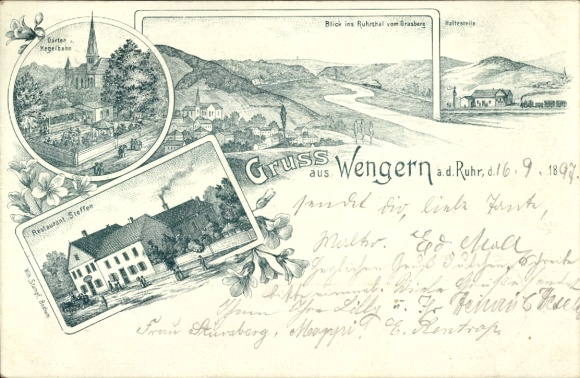 Chromo-Litho Wengern Wetter an der Ruhr, Restaurant Steffen, Ruhr Valley from Grasberg, stop