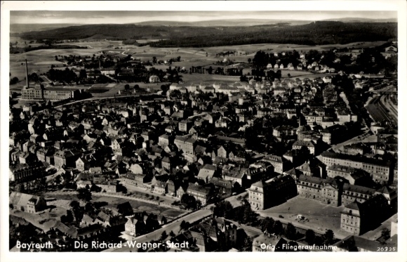 Postcard Bayreuth in Upper Franconia, aerial view of Richard Wagner-City, residential areas, landscape
