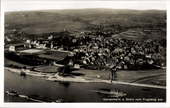 Postcard Geisenheim am Rhein Hesse, aerial view of Geisenheim am Rhein, river, vineyards, buildings