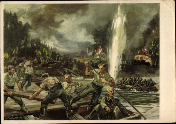 Kunstenaarskaart Mundorff, V., pioniers, Wehrmacht-soldaten klaar voor actie, II WO