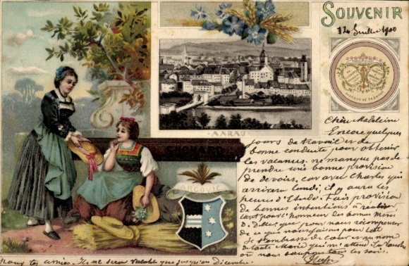 Wappen Litho Aarau Kanton Aargau, Reklame, Chocolat Suchard, Frauen in Trachten, Stadtansicht