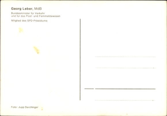Postcard politician Georg Leber, Federal Minister of Transport, SPD, autograph