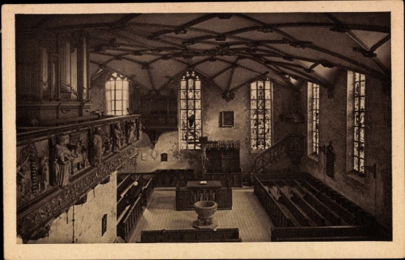 Postcard Freudenstadt in the Black Forest, interior view of the town church, high ceiling, windows with colored glass