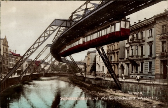 Postcard Barmen Wuppertal, suspension railway at the Werther Bridge with 3 carriage train