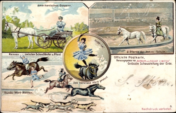 Litho Zirkus Schaustellung Barnum & Bailey, Pferdedressur, amerikan. Gespann, Rennen Pferd u. Läufer