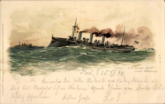 Artist Chromo-Litho Bohrdt, Hans, German warship, SMS Greif, Aviso, Imperial Navy