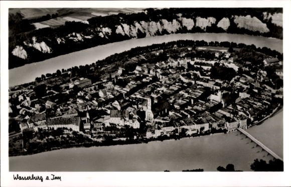 Postcard Wasserburg am Inn Upper Bavaria, aerial view of river, city view, architecture