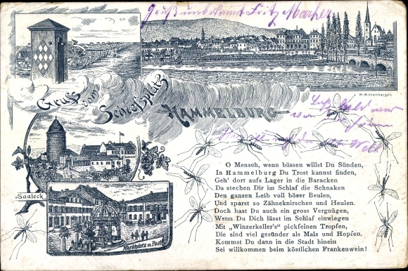 Chromo-Litho Hammelburg in Lower Franconia Bavaria, shooting range, marketplace, post office, Saaleck, poem