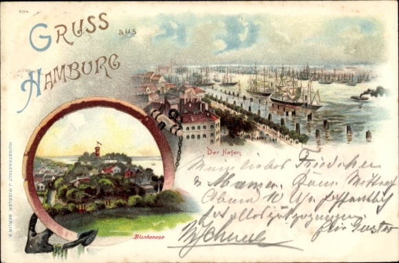 Chromo-Litho Hamburg Altona Blankenese, harbor, city view
