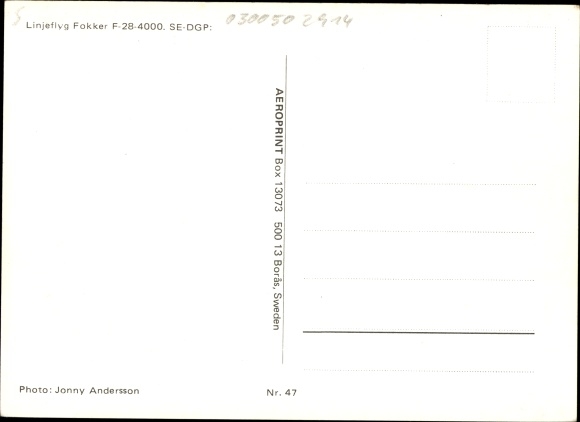 Postcard Swedish passenger plane, LIN airline, Linjeflyg Fokker F-28-4000, SE-DGP