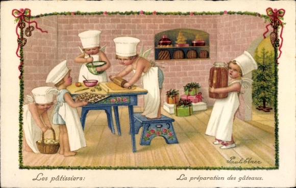 Kunstenaar litho Ebner, Pauli, Vrolijk Kerstfeest, Engel bakken