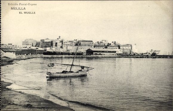 Ak Melilla Spanien, Hafenansicht, Stadtansicht, Boot auf dem Wasser