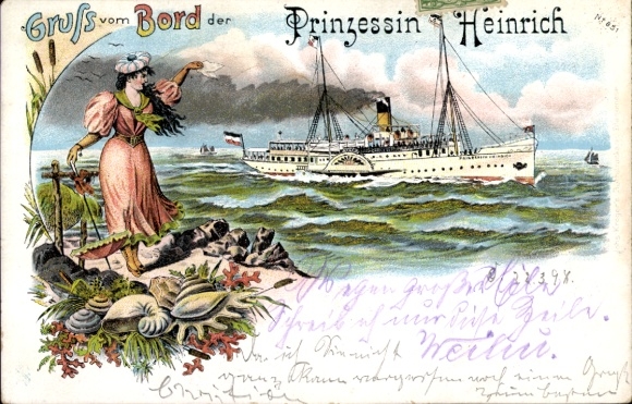 Litho Dampfer Prinzessin Heinrich, Abschied, Frau winkt mit Tuch, Muscheln