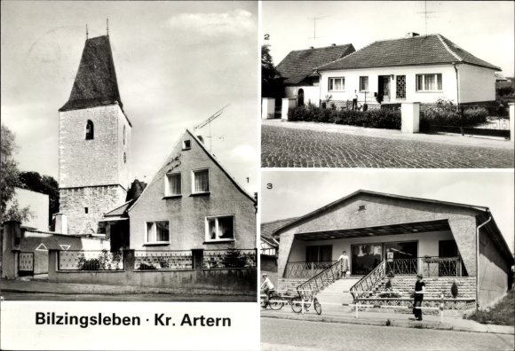 Postcard Bilzingsleben Kindelbrück in Thuringia Church, Kindelbrücker Straße, department store
