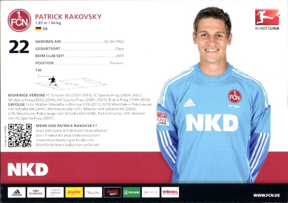 Autograph card footballer Patrick Rakovsky, 1. FC Nuremberg, autograph