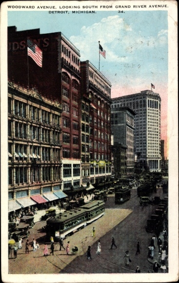 Ak Detroit Michigan USA, Woodward Avenue, kijkend naar het zuiden, Grand River Avenue, tram
