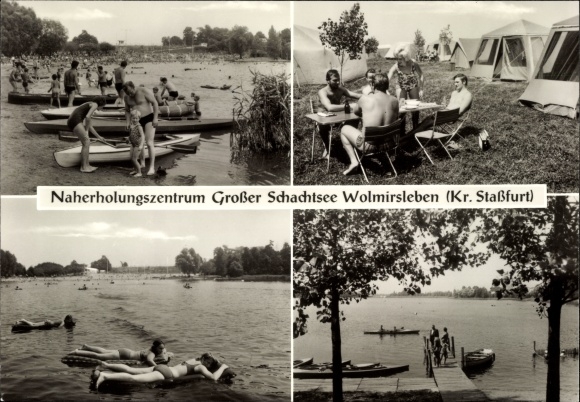 Postcard Wolmirsleben Salzlandkreis, recreation center Großer Schachtsee, campsite, beach