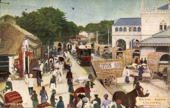 Postcard Colombo Sri Lanka, Street Scene, tramway, Lipton tea carriage
