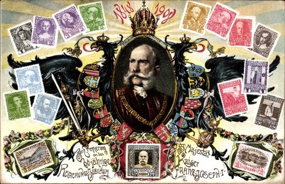 Briefmarken Ak Kaiser Franz Joseph I., 60 jähriges Regierungsjubiläum, Portrait, Wappen