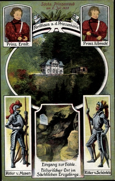 Artist Postcard Hartenstein in the Ore Mountains Saxony, Forsthaus Prinzenhöhle, Prince's Abduction Ernst and Albrecht