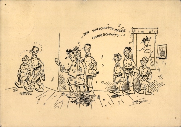 Künstler Ak Arbeitsgauleitung 156, Karikatur, Wehrmacht Soldaten, Frisur