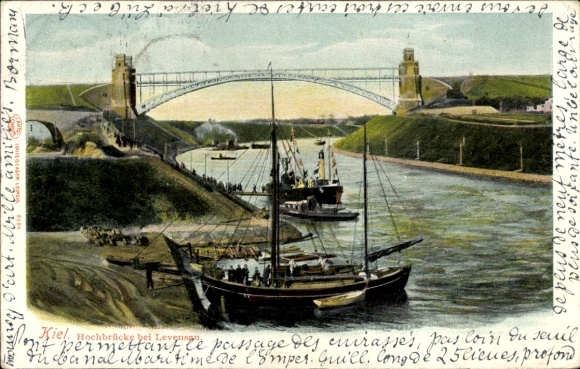 Postcard Levensau Neuwittenbek in Schleswig-Holstein, high bridge, Kaiser Wilhelm Canal, ship