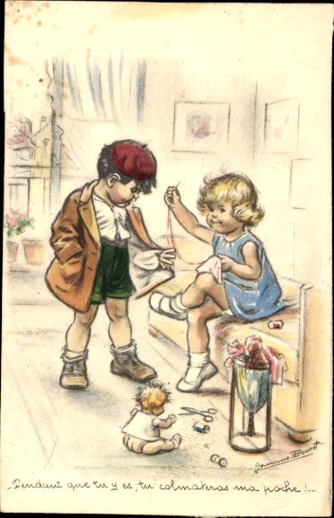 Artist Postcard Bouret, Germaine, Girl mending clothes, boy with holey jacket, doll