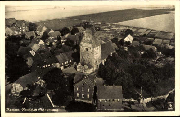 Postcard Apelern in the county of Schaumburg, aerial view of the town, church