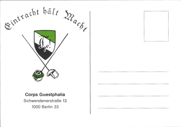 Studentika Postcard Berlin Dahlem, Corps Guestphalia, Schwendenerstraße 13, coat of arms, sword