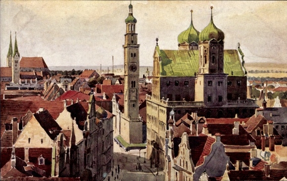 Artist Postcard Marschall, J., Augsburg, Town Hall and Perlach Tower
