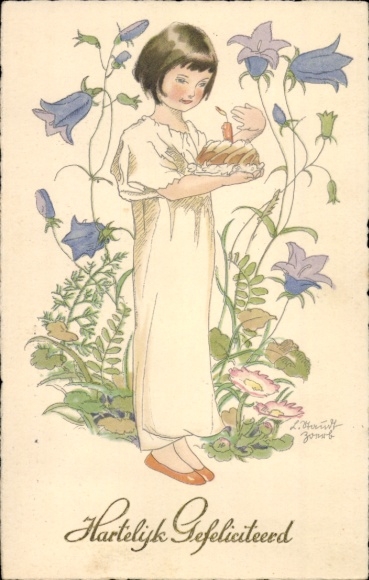 Artist Postcard Congratulations Birthday, Girl with Cake, Flowers