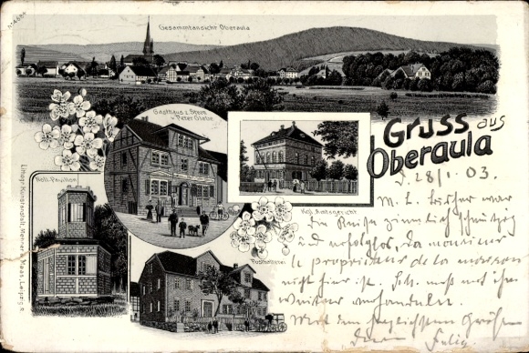 Chromo-Litho Oberaula in Hesse, general view, Gasthaus zum Stern, court