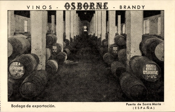 Postcard El Puerto de Santa María Andalusia, Osborne, Vinos, Brandy, Bodega de exportación, Barrels