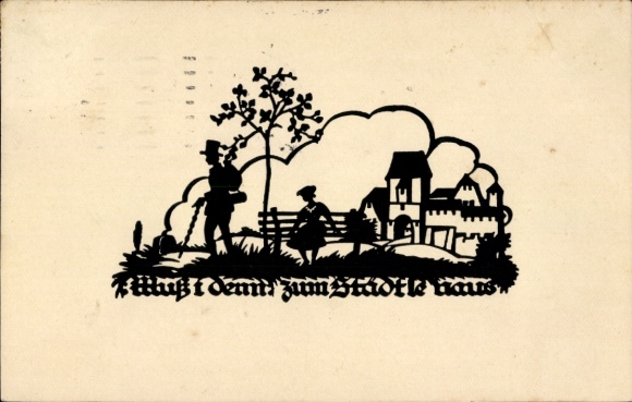 Paper cutting song Postcard Schwindt, AM, Must I, must I go out to the town