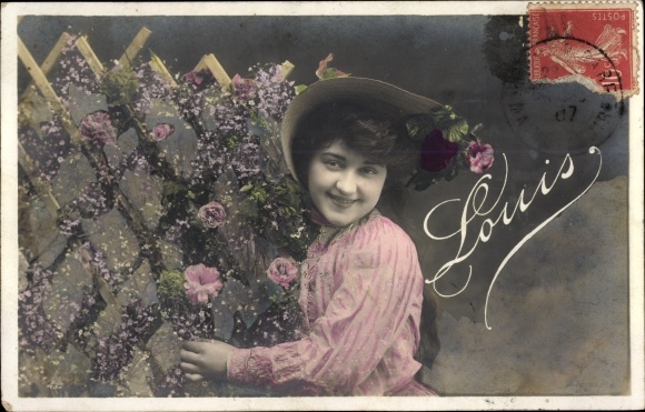 Letters Postcard first name Louis, woman portrait, fence, flowers