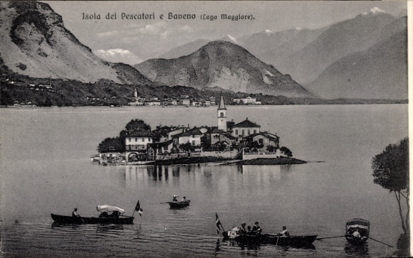 Ak Baveno Lago Maggiore Piemonte Italien, Isola dei Pescatori, schöner Seeblick, Berge im Hinterg