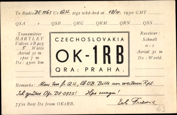 KP Czechy, karta radiowa, OK 1RB, Praga