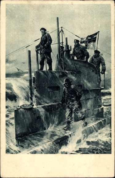 Artist PC Stöwer, Willy, German submarine, on the conning tower, U Boot Day 1917