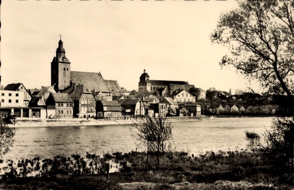 PC Havelberg in Saxony-Anhalt, town church and cathedral, colored picture of the town, river in the foreground...