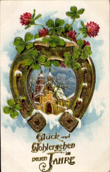 Gltzer Postcard Happy New Year, horseshoe, church, clover