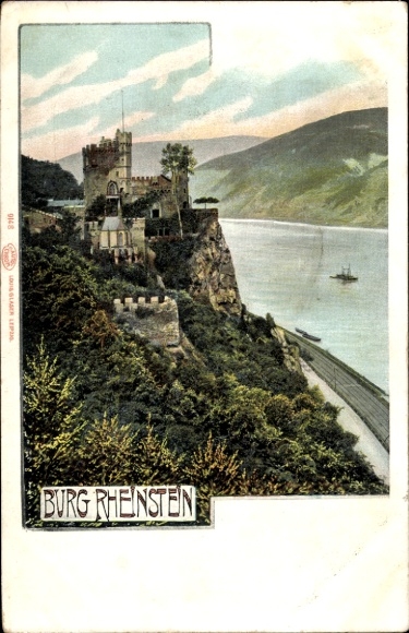 Postcard Trechtingshausen am Rhein, Rheinstein Castle, view of the castle and the Rhine