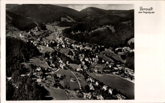 Postcard Bad Herrenalb in the Black Forest, aerial view of picturesque landscape, forests, hills