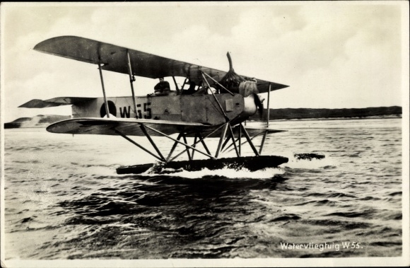 Postcard KM Watervliegentuig W 55, Dutch Seaplane, Biplan