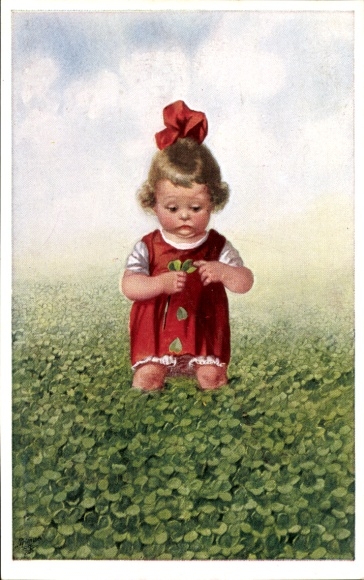 Künstler Ak Die Welt voll Glück, Kleines Mädchen im Kleeblattfeld, Primus 03356