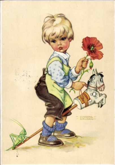 Artist Postcard Lungershausen, Ilse Wende, boy with hobby horse, grasshopper, poppy blossom